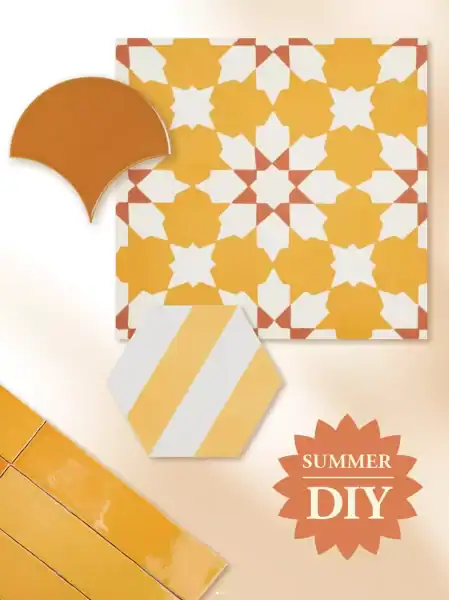 Bright yellow and white patterned tiles with decorative shapes for summer DIY projects.