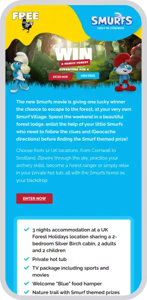 Smurfs Forest Adventure - Win a family trip to a forest with Smurfs. Enter now for a chance to win a.
