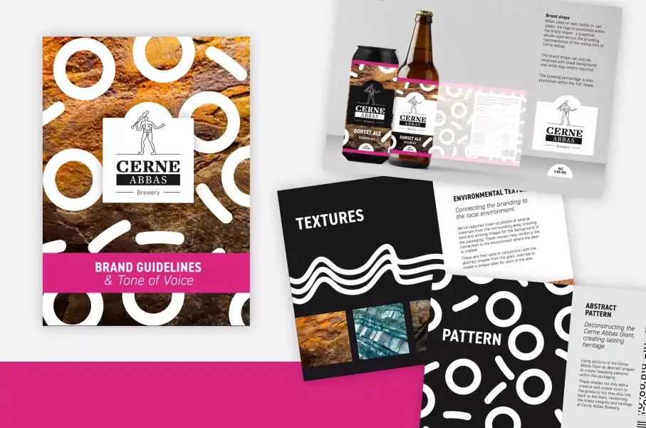 Brand guidelines for Cerne Abbey Brewery showcasing textures and patterns.
