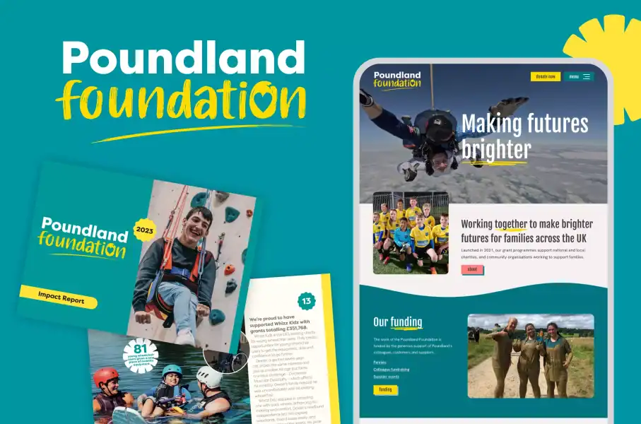 Poundland Foundation branding with children and community images.