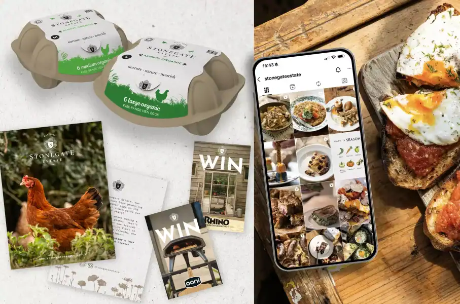Egg cartons and food dishes for branding and marketing.