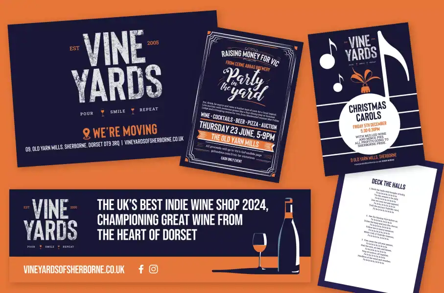 Promotional graphic for Vine Yards event with tickets, wine, and Christmas carols.